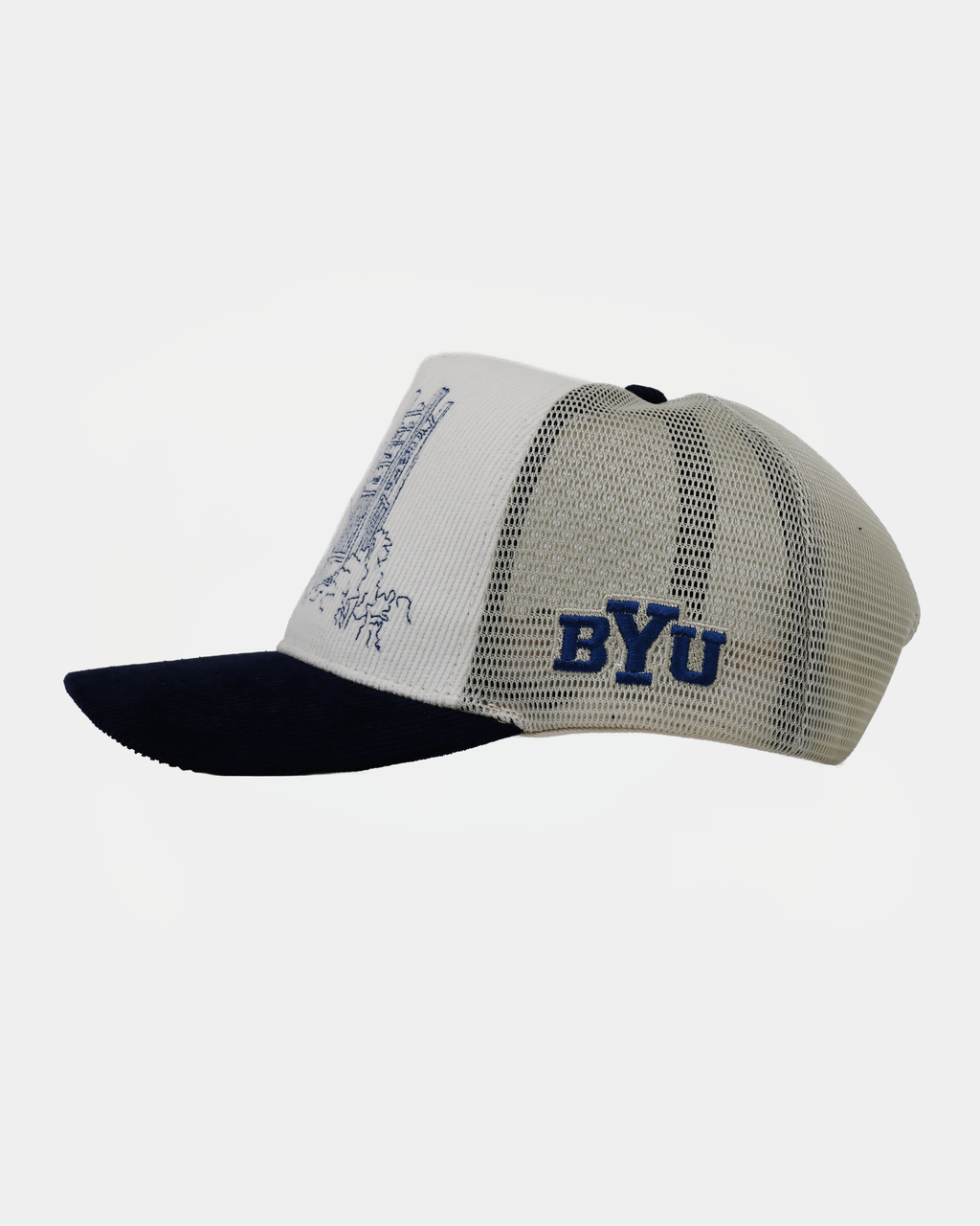 BYU Bunker Trucker Hat Natural Navy Campus